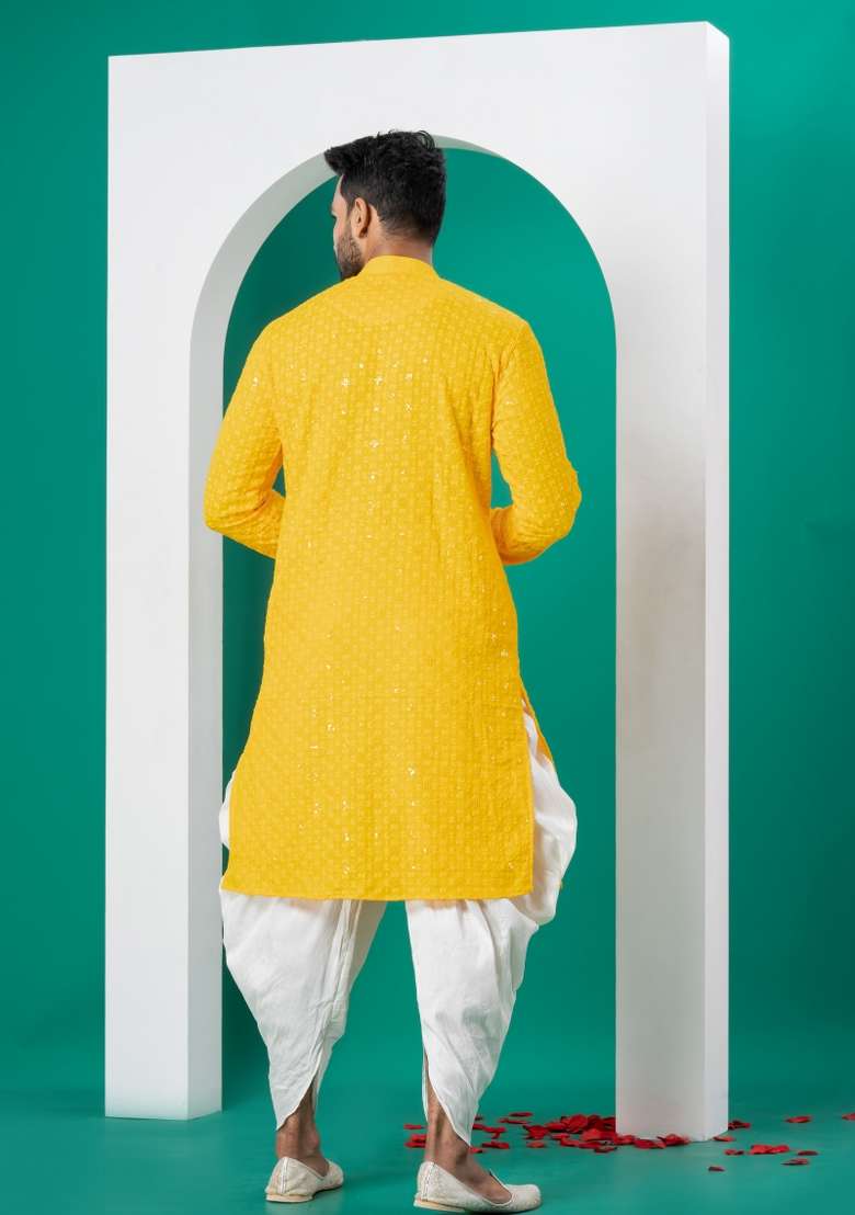 Yellow Embroidered Cotton Kurta Set For Men - Indya