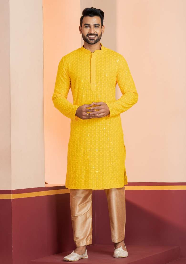 Yellow Embroidered Cotton Kurta Set For Men - Indya