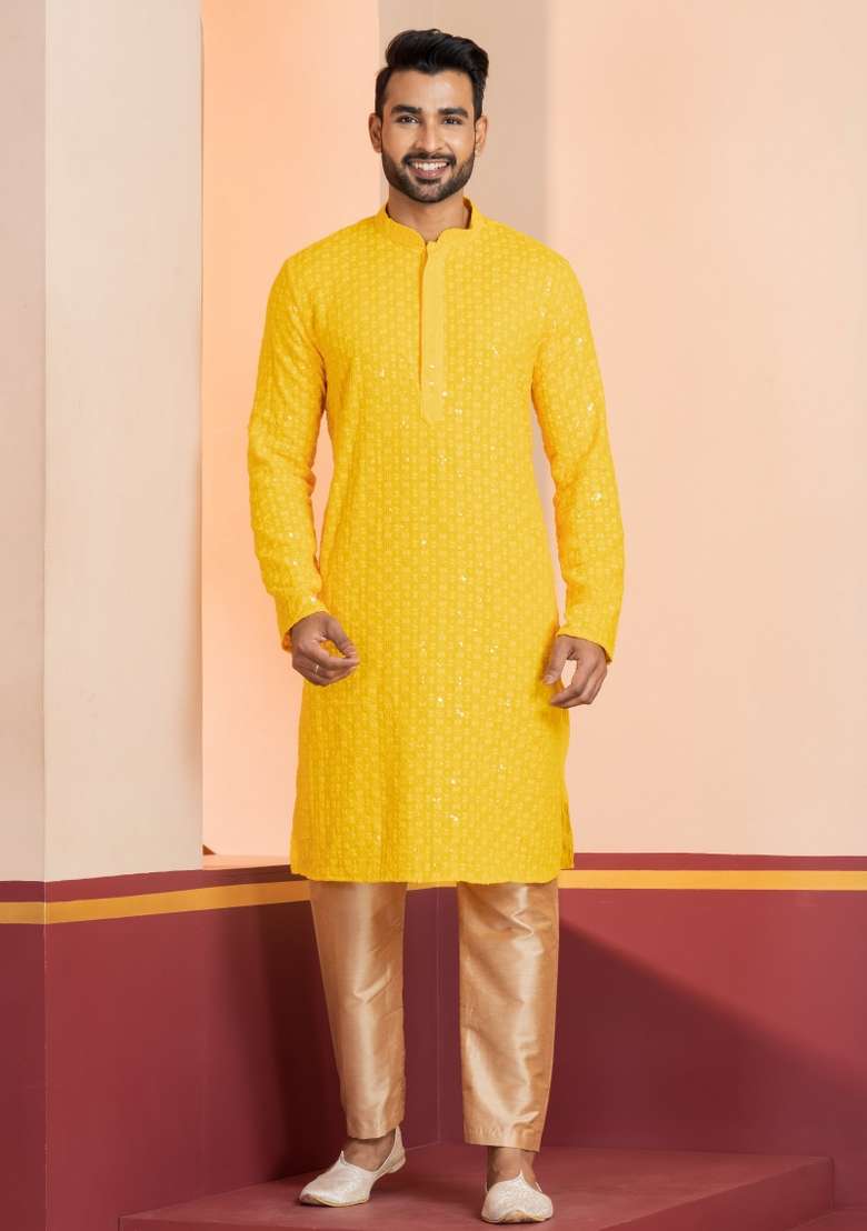 Yellow Embroidered Cotton Kurta Set For Men - Indya