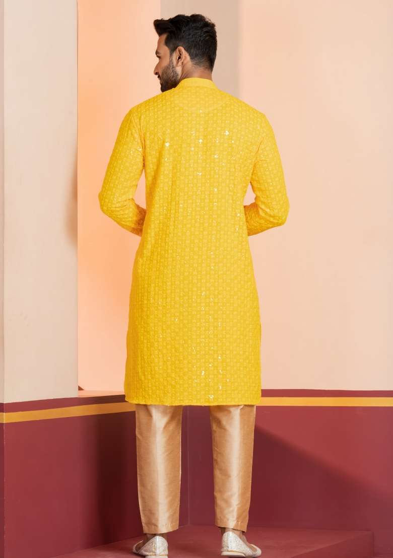 Yellow Embroidered Cotton Kurta Set For Men - Indya