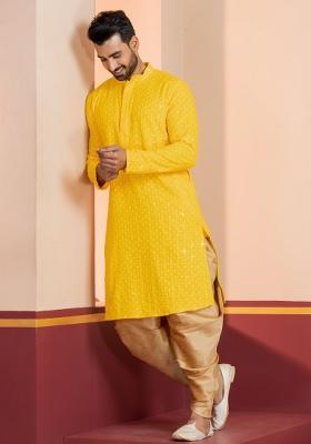 Yellow Embroidered Cotton Kurta Set For Men