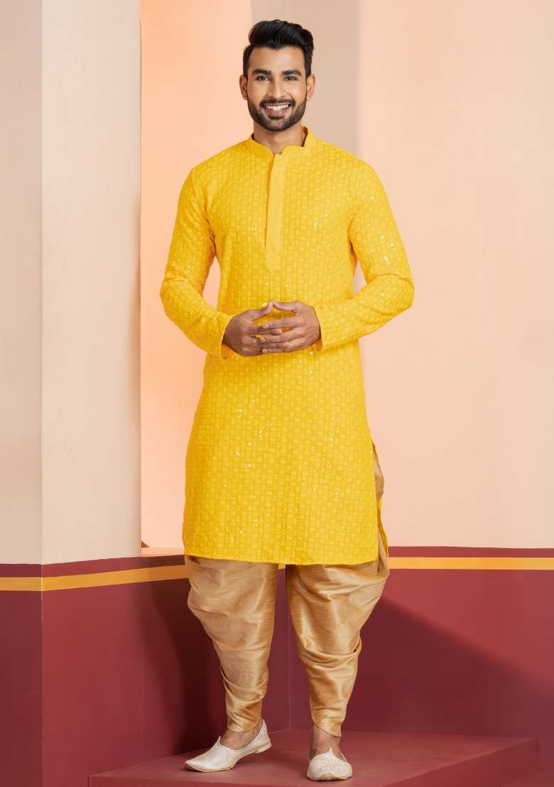 Yellow Embroidered Cotton Kurta Set For Men - Indya