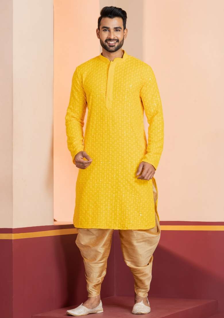 Yellow Embroidered Cotton Kurta Set For Men - Indya