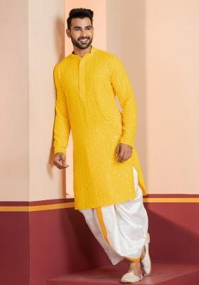 Yellow Embroidered Cotton Kurta Set For Men
