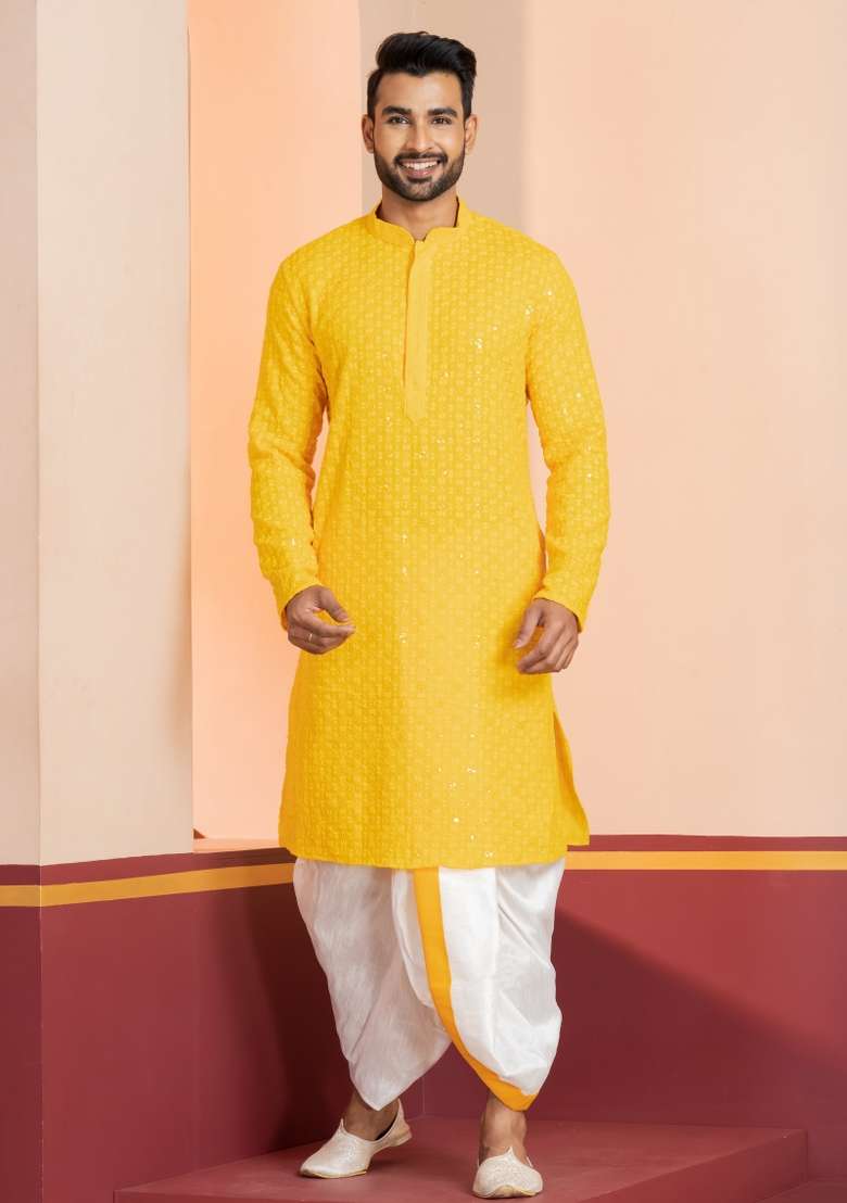 Yellow Embroidered Cotton Kurta Set For Men - Indya