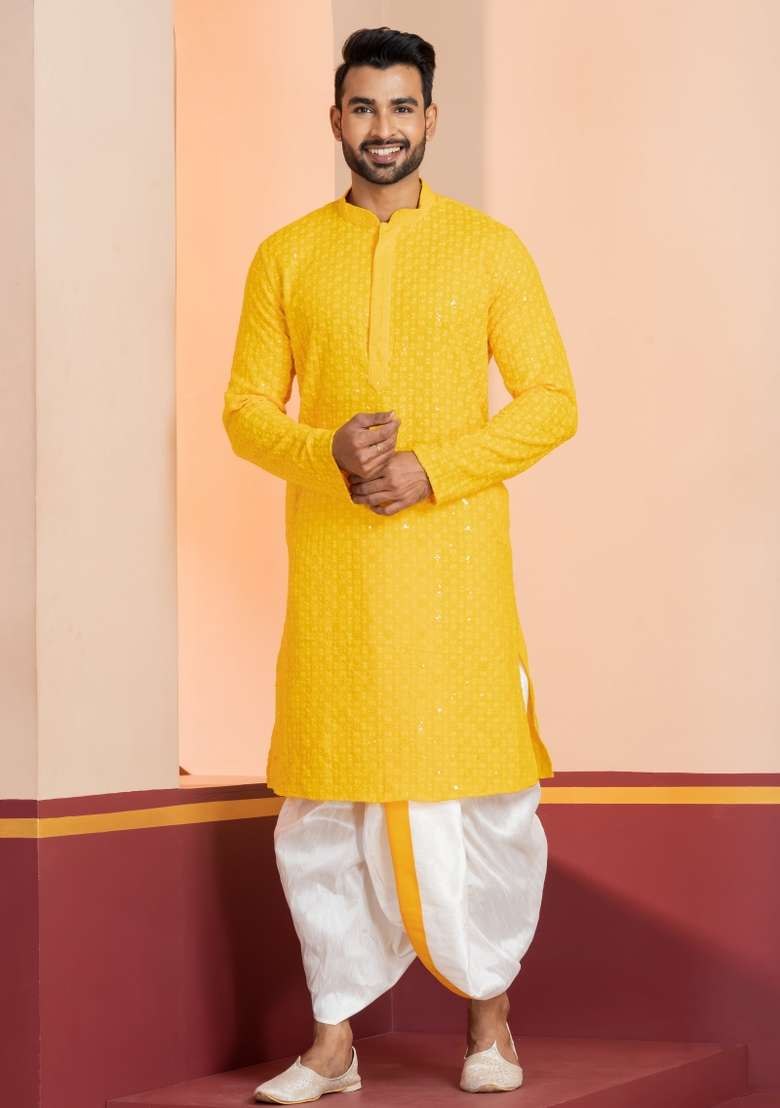 Yellow Embroidered Cotton Kurta Set For Men - Indya