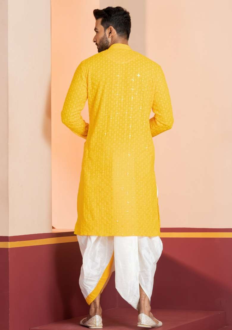 Yellow Embroidered Cotton Kurta Set For Men - Indya