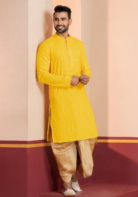 Yellow Embroidered Cotton Kurta Set For Men