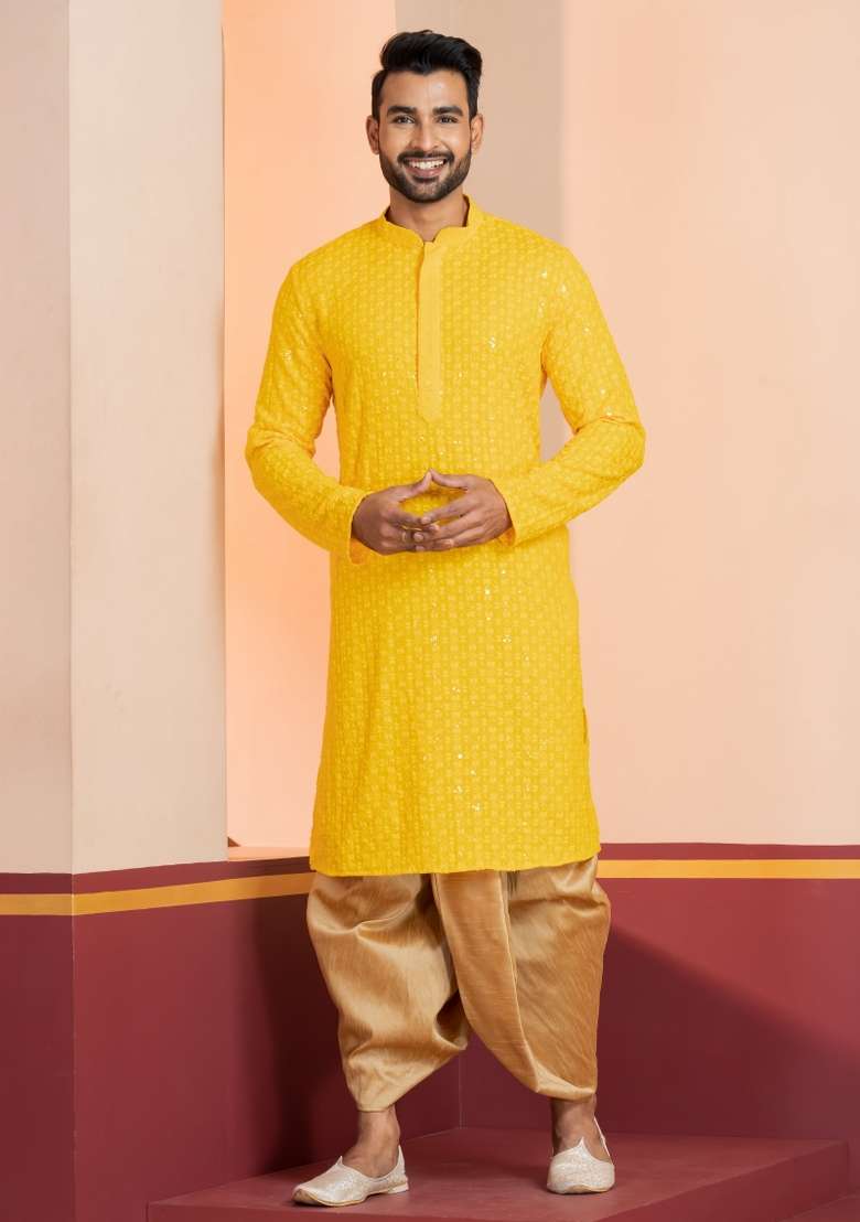 Yellow Embroidered Cotton Kurta Set For Men - Indya