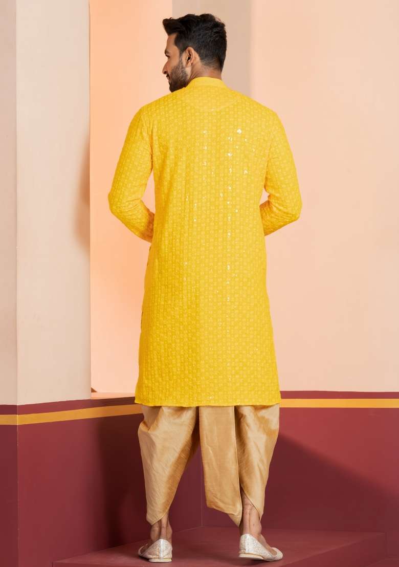 Yellow Embroidered Cotton Kurta Set For Men - Indya