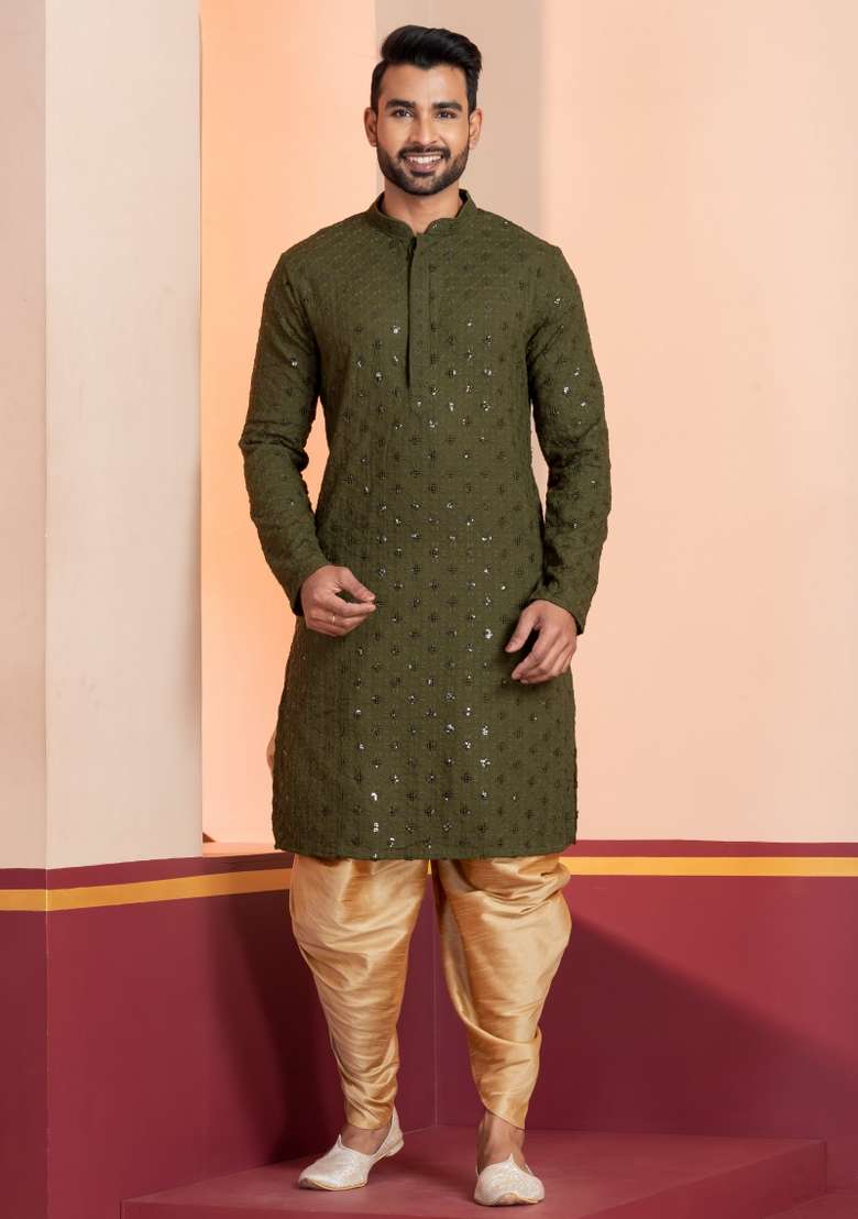 Green Embroidered Cotton Kurta Set For Men - Indya