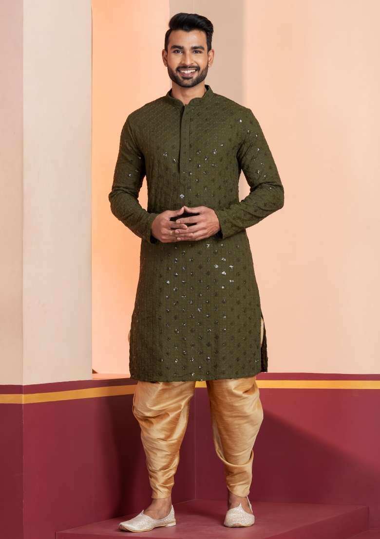 Green Embroidered Cotton Kurta Set For Men - Indya