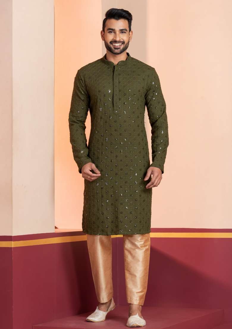 Green Embroidered Cotton Kurta Set For Men - Indya