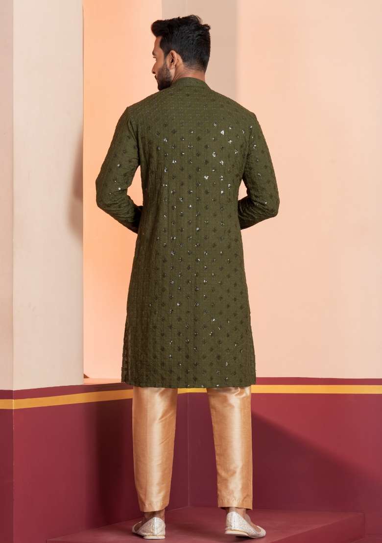 Green Embroidered Cotton Kurta Set For Men - Indya