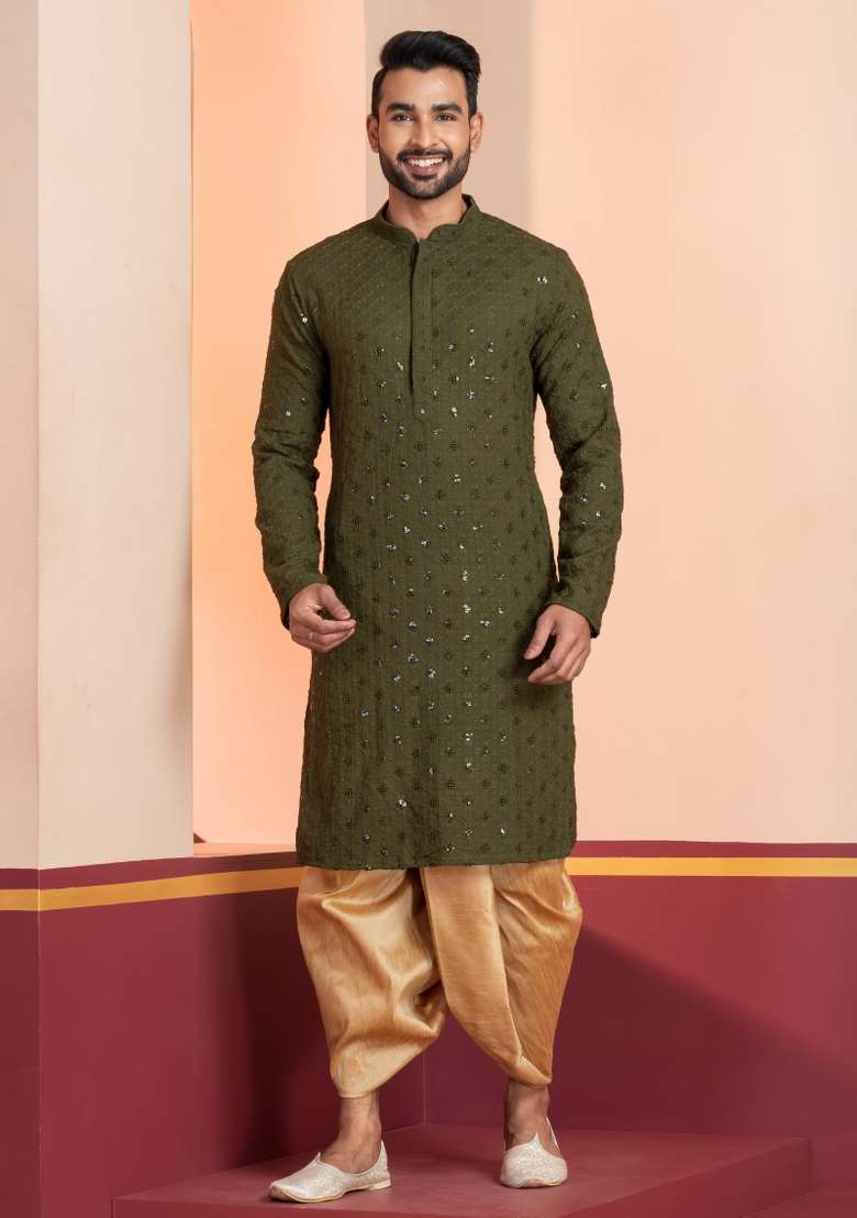 Green Embroidered Cotton Kurta Set For Men - Indya