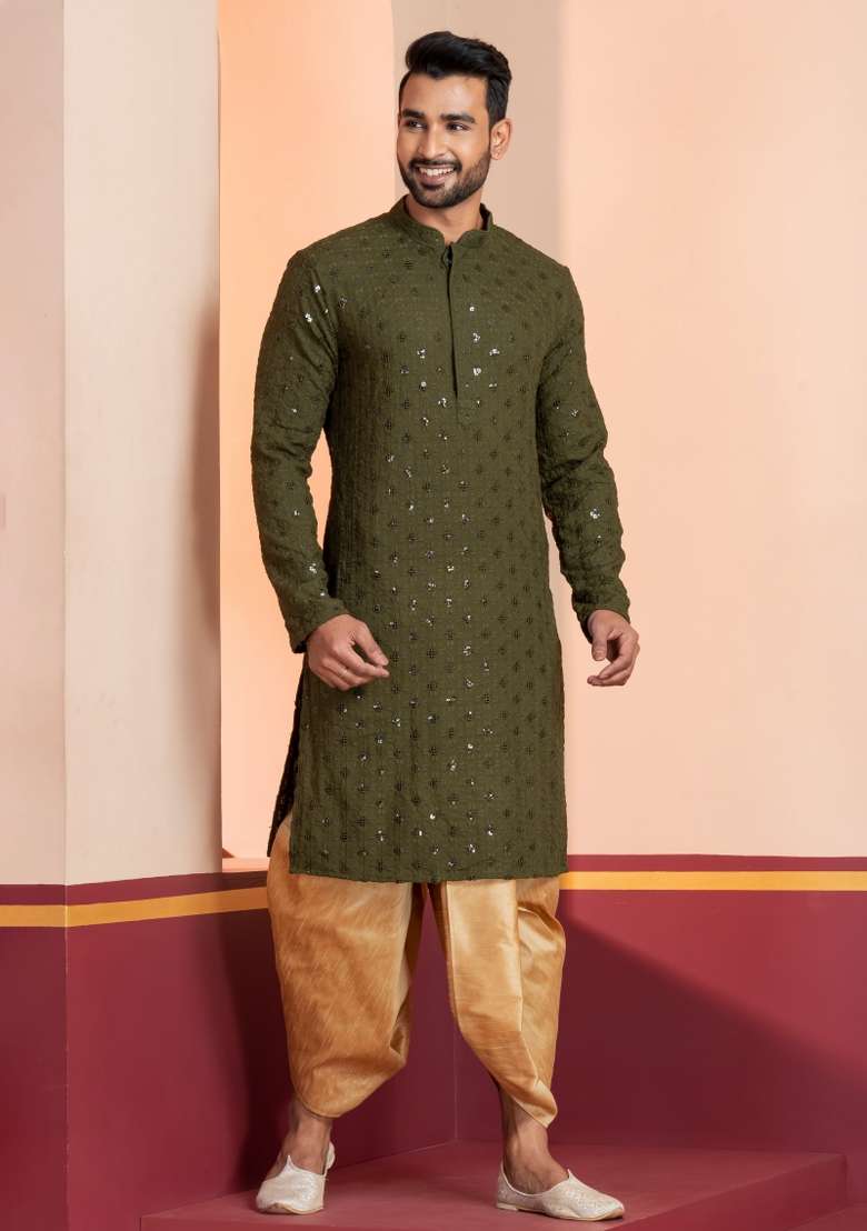 Green Embroidered Cotton Kurta Set For Men - Indya