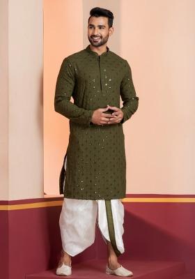 Green Embroidered Cotton Kurta Set For Men