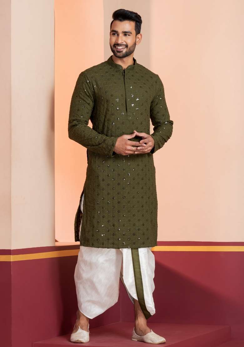 Green Embroidered Cotton Kurta Set For Men - Indya