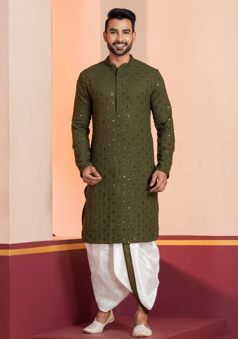 Green Embroidered Cotton Kurta Set For Men - Indya