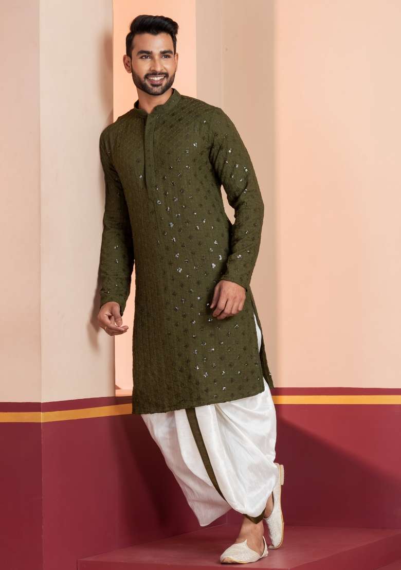 Green Embroidered Cotton Kurta Set For Men - Indya