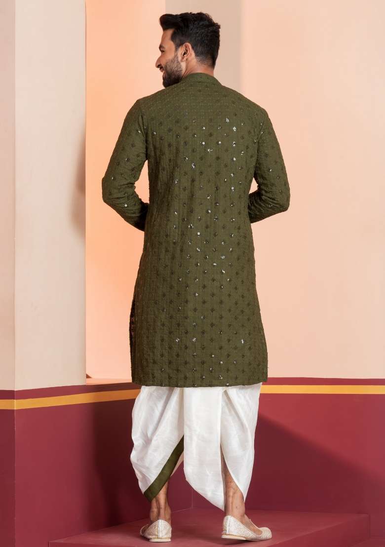 Green Embroidered Cotton Kurta Set For Men - Indya