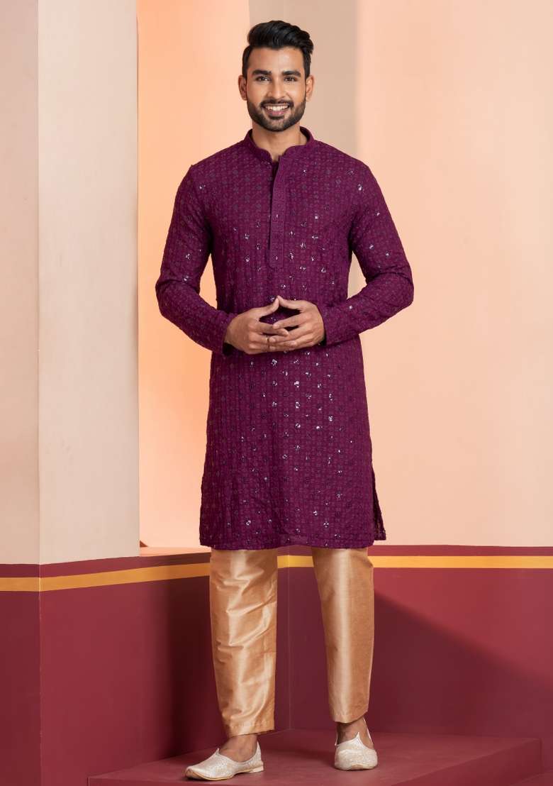 Purple Embroidered Cotton Kurta Set For Men - Indya