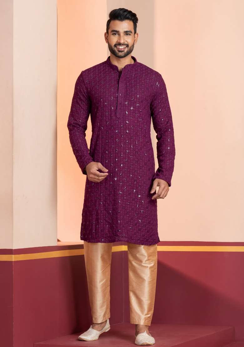 Purple Embroidered Cotton Kurta Set For Men - Indya
