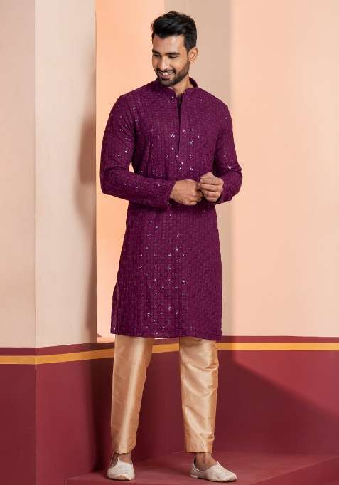 Purple Embroidered Cotton Kurta Set For Men