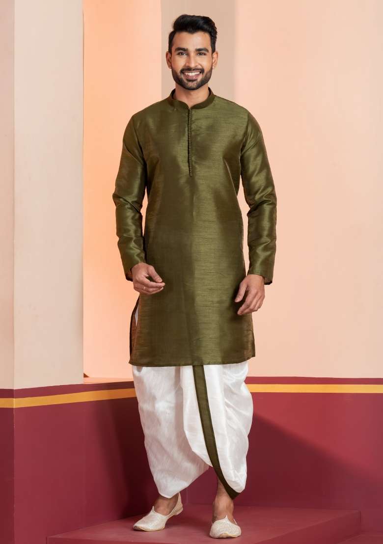 Black Embroidered Silk Kurta Set For Men - Indya