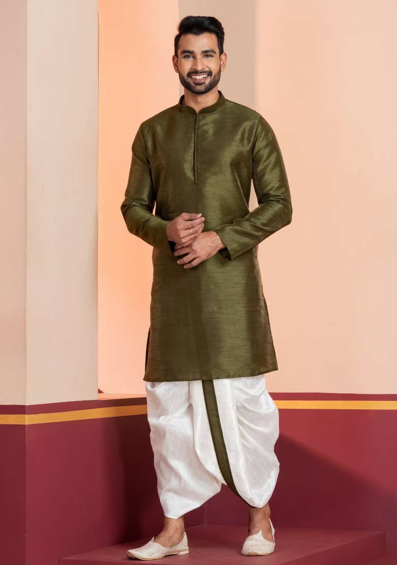 Black Embroidered Silk Kurta Set For Men - Indya