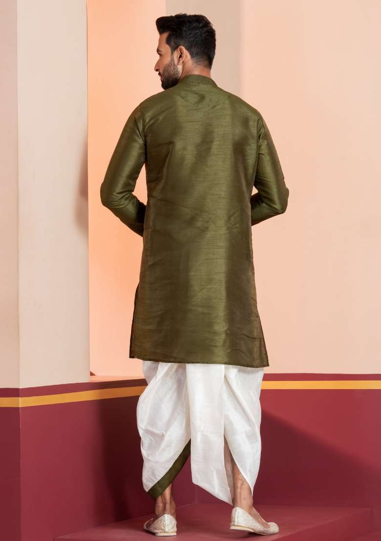 Black Embroidered Silk Kurta Set For Men - Indya