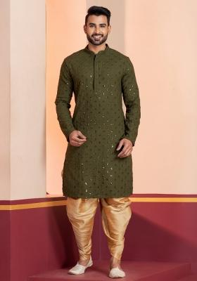 Green Embroidered Cotton Kurta For Men