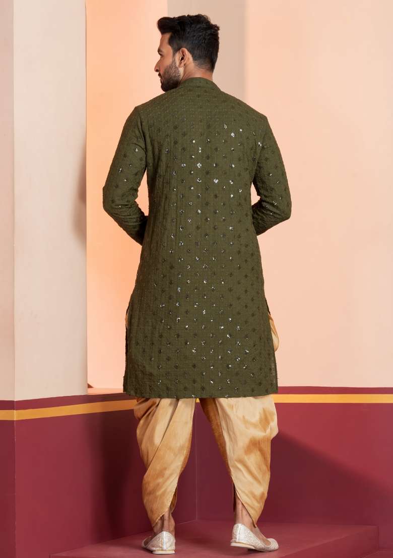 Green Embroidered Cotton Kurta For Men - Indya