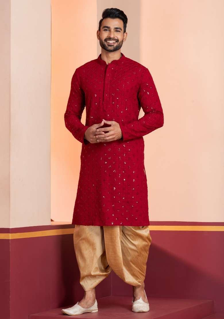 Red Embroidered Cotton Kurta For Men - Indya