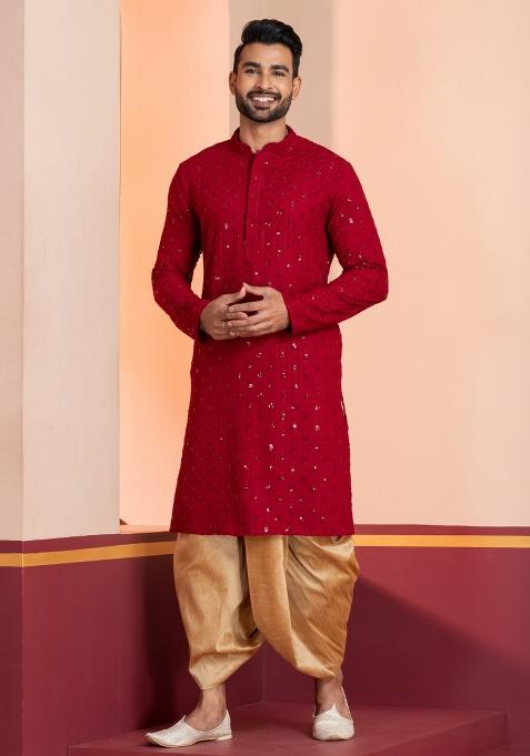 Red Embroidered Cotton Kurta For Men