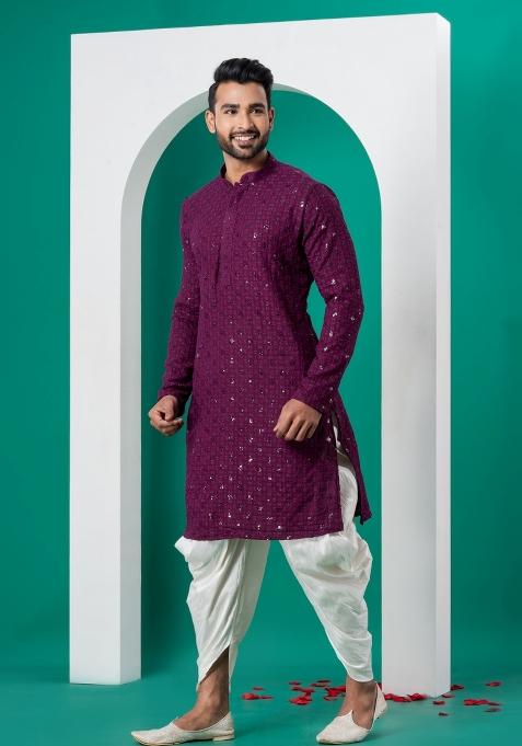 Purple Embroidered Cotton Kurta For Men