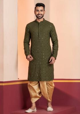 Green Embroidered Cotton Kurta For Men