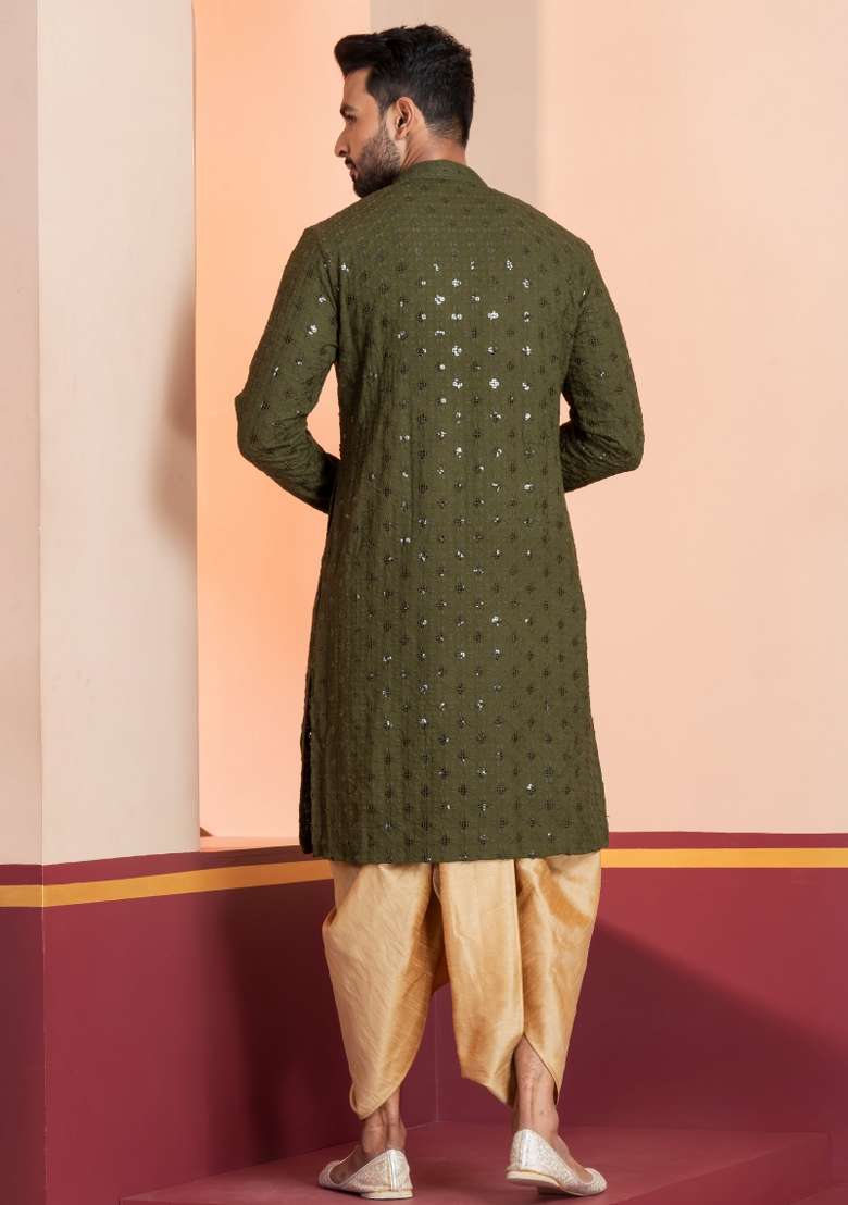Green Embroidered Cotton Kurta For Men - Indya
