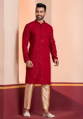 Red Embroidered Cotton Kurta For Men