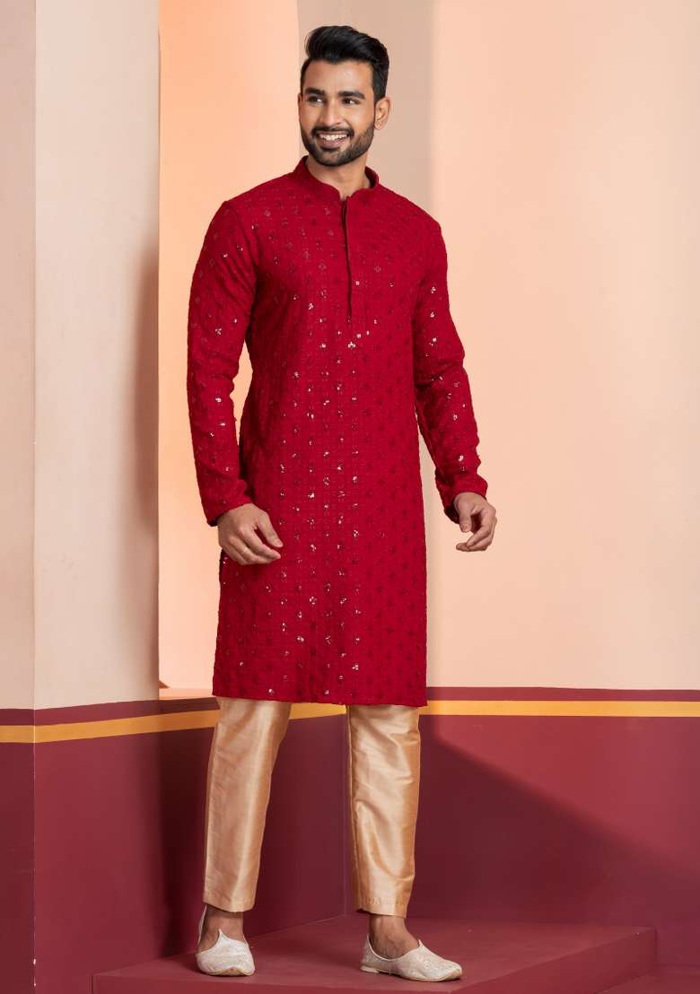 Red Embroidered Cotton Kurta For Men - Indya