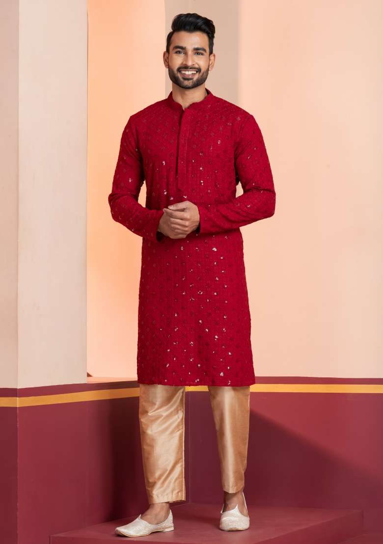 Red Embroidered Cotton Kurta For Men - Indya
