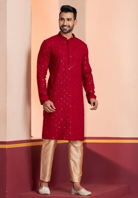 Red Embroidered Cotton Kurta For Men