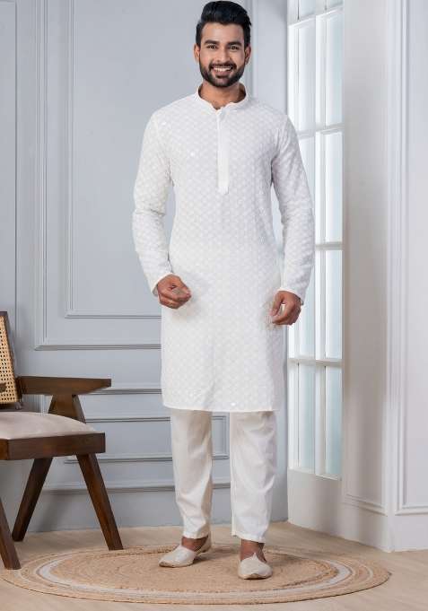 White Embroidered Cotton Kurta Set For Men