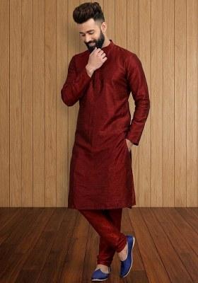 Maroon Embroidered Silk Pyjama Set For Men