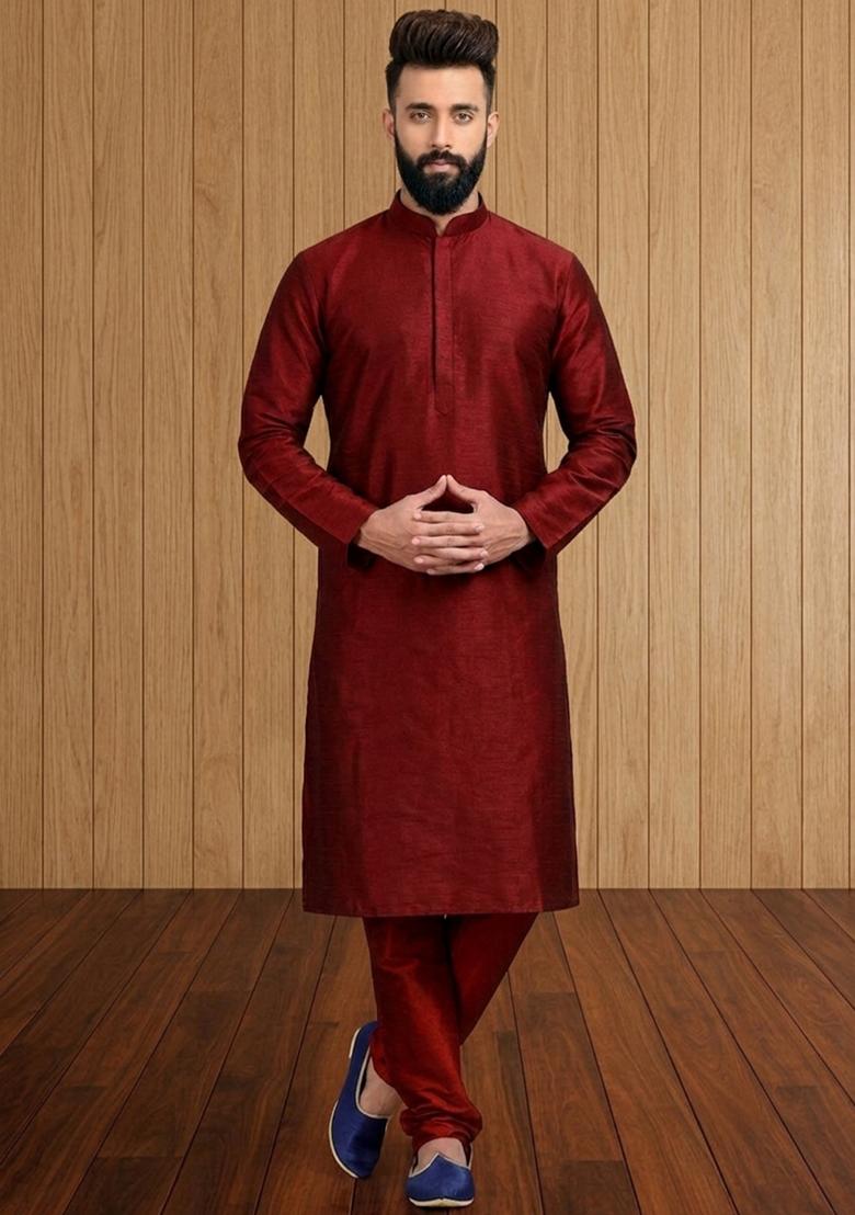 Maroon Embroidered Silk Pyjama Set For Men - Indya