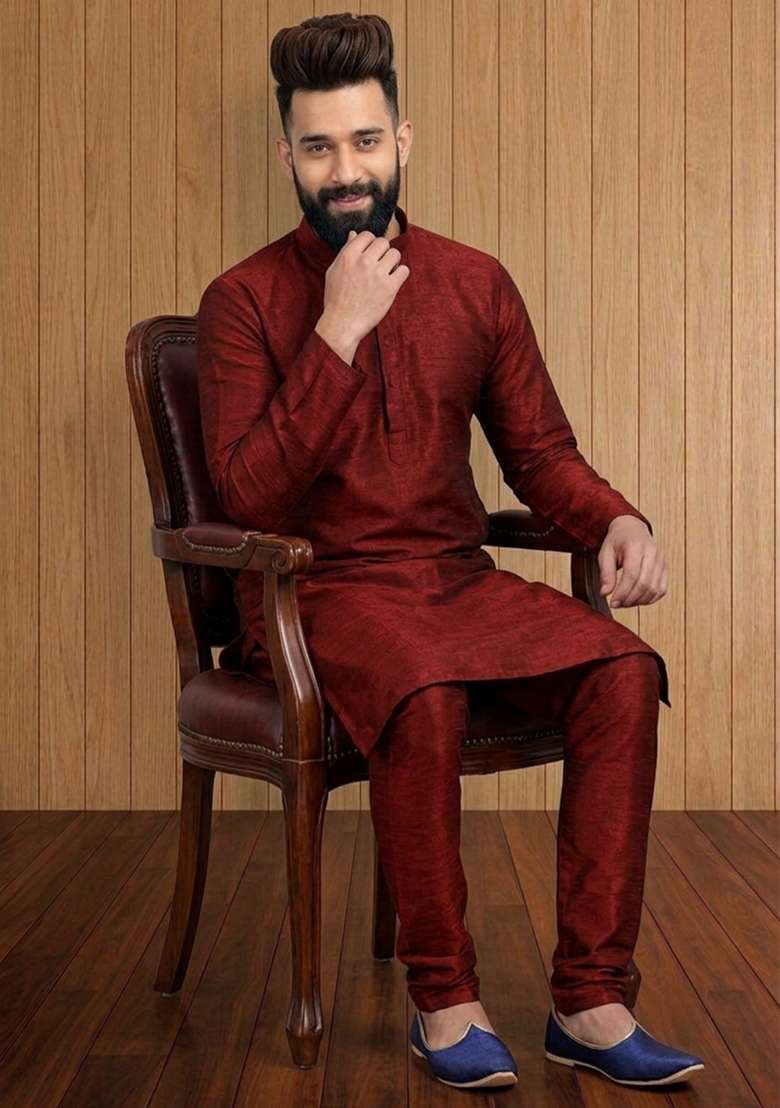 Maroon Embroidered Silk Pyjama Set For Men - Indya