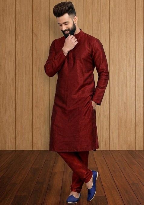 Maroon Embroidered Silk Pyjama Set For Men