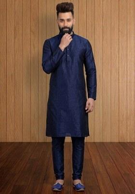 Blue Embroidered Silk Pyjama Set For Men
