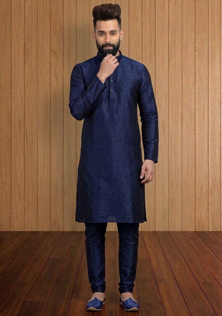 Blue Embroidered Silk Pyjama Set For Men - Indya