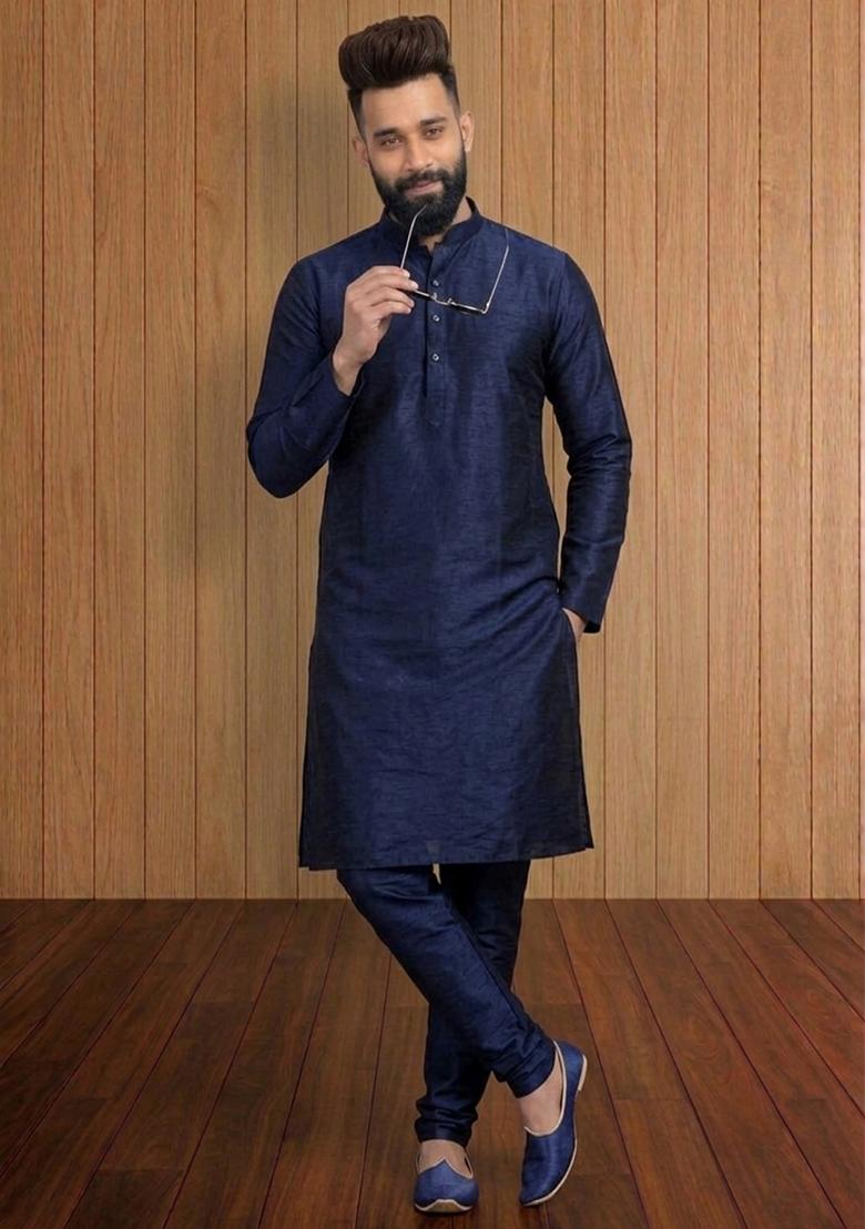 Blue Embroidered Silk Pyjama Set For Men - Indya